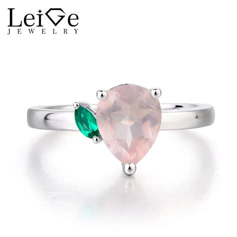 Leige Jewelry Anniversary Ring Natural Pink Quartz Ring Pear Cut Pink