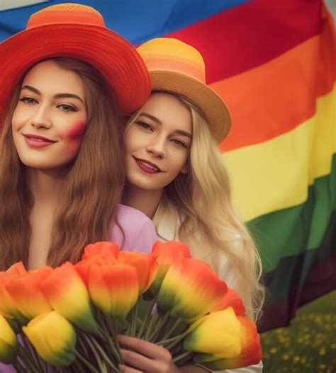 Premium Photo A Beautiful Happy Gay Lesbian Couple With Rainbow Colors In A Flower Field Lgbtq