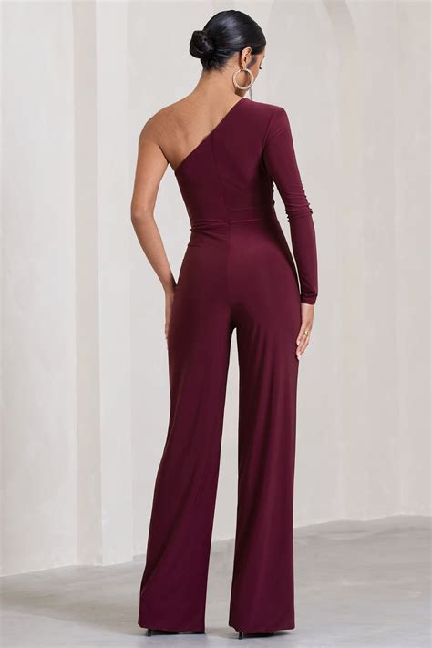 Mila Burgundy One Shoulder Ruched Wide Leg Jumpsuit Club L London Uk