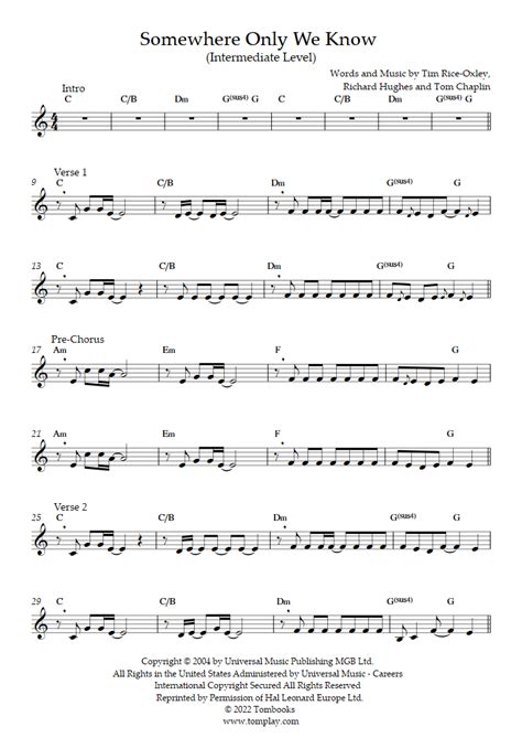 Somewhere Only We Know Intermediate Level Keane Trumpet Sheet Music