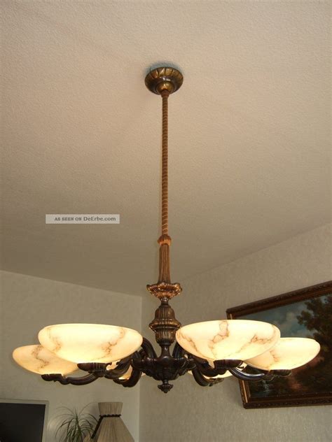 Riesige Alte Antike Messing Deckenlampe Marmorierte Schalen Jugendstil