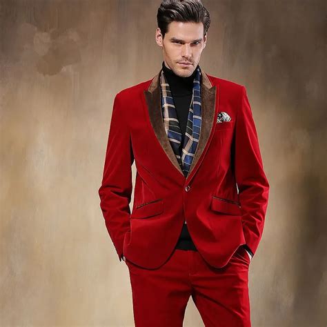 2017 Autumn Winter Black Red Velvet Man Suit 2 Piece Mens Wedding Prom Dinner Suits Brown Lapel