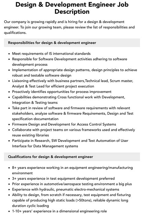 Design Development Engineer Job Description Velvet Jobs