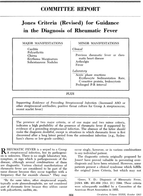 Jones Criteria Revised For Guidance In The Diagnosis Of Rheumatic Fever Circulation