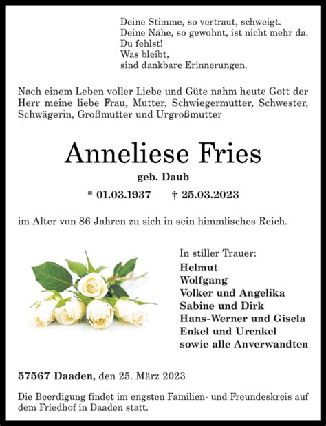 Traueranzeigen Von Anneliese Fries Rz Trauer De