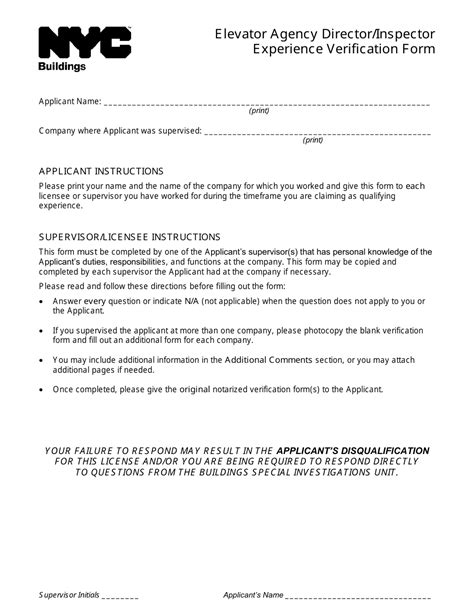 New York City Elevator Agency Directorinspector Experience Verification Form Fill Out Sign