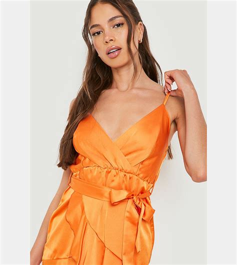 Buy Boohoo Satin Wrap Frill Mini Dress In Orange 6thstreet Saudi Arabia