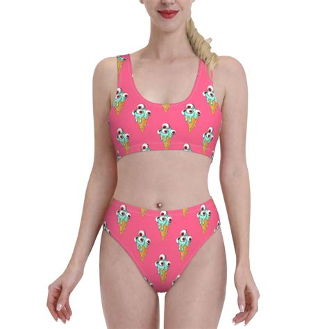 High Waisted Bikini Sets For Women Funny Ice Cream Print Pink Piece Sporty Bathing Suit Swim
