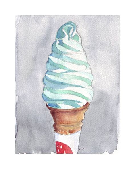 Ice Cream Cone Original Watercolor Painting Soft Serve Blue Etsy Ice Cream Art Watercolor