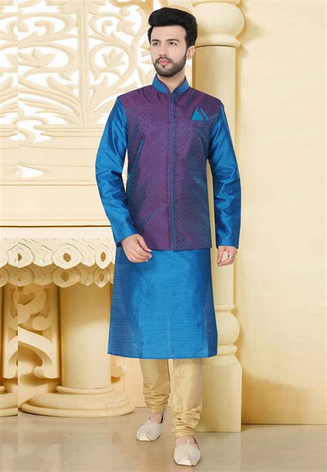 Blue Silk Readymade Kurta Pajama With Jacket 165754 Indian Men Fashion Nehru Jacket For Men