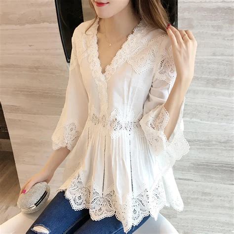 Buy Sweet Women Ruffle Blouse Shirt V Neck Lace