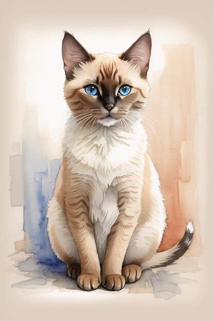 Ilustración de boceto en acuarela del lindo gato siamés Foto Premium