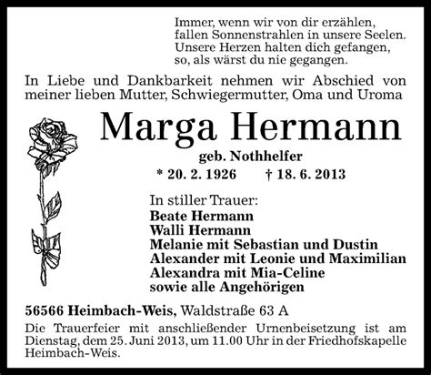 Traueranzeigen Von Marga Hermann Rz Trauer De