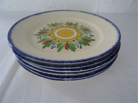 6 assiettes plates 520112 faïence ancienne Longchamp Blanc Bleu Floral