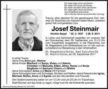 Traueranzeigen Von Josef Steinmair Trauer Bz