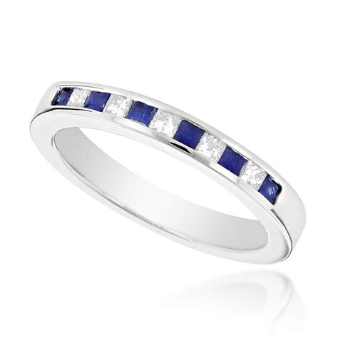 Channel Set Princess Cut Sapphire And Diamond Ring 14k White Gold 0