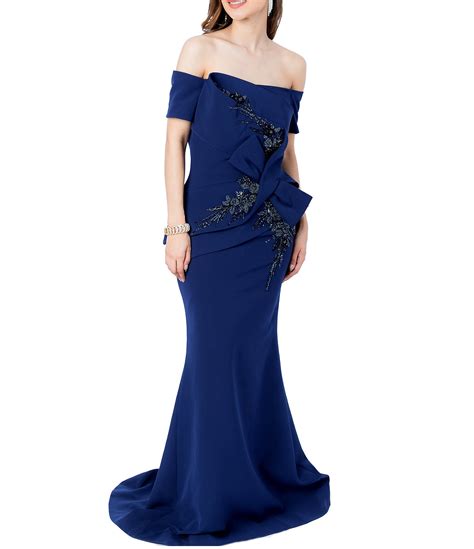 Terani Couture Off The Shoulder Short Sleeve Peplum Waist Mermaid Gown