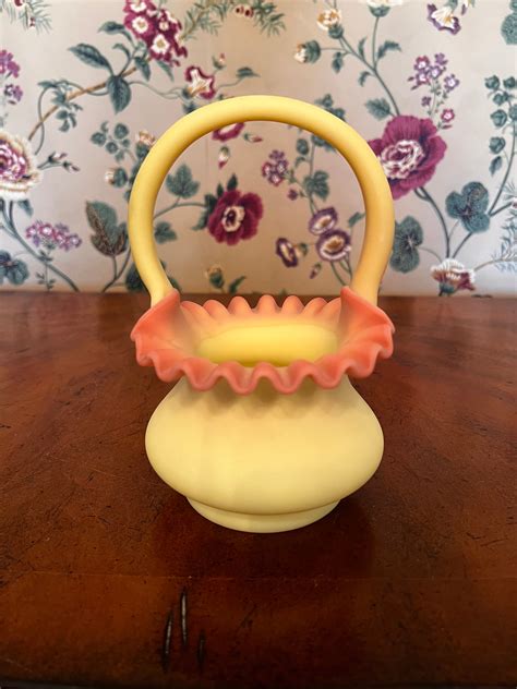 Vintage Fenton Burmese Custard Uranium Uv Ruffled Basket With Handle Etsy