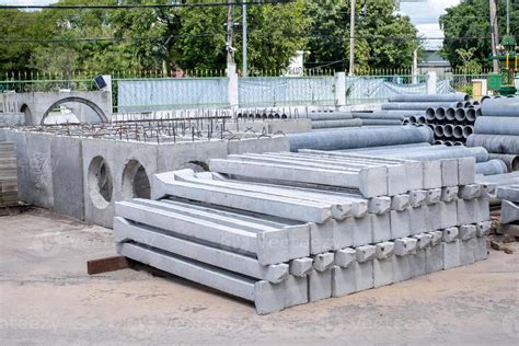 Precast Concrete Pillars Neatly Arranged In A Building Material Shop