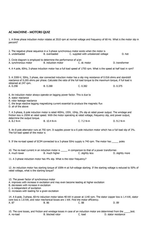 Ac Motors Quiz Ac Machine Motors Quiz A Three Phase Induction