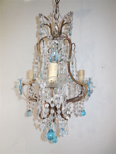 French Aqua Crystal Prisms Drops And Flowers Chandelier Circa 1920