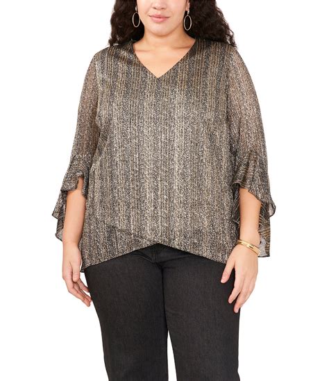 Vince Camuto Plus Size Shimmer Foil V Neck 3 4 Ruffle Sleeve Blouse Dillard S