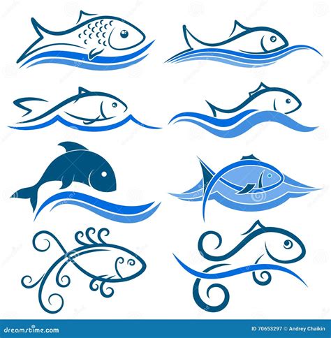 Logos Of Fish With Wave Stock Vector Illustration Of Seafood 70653297