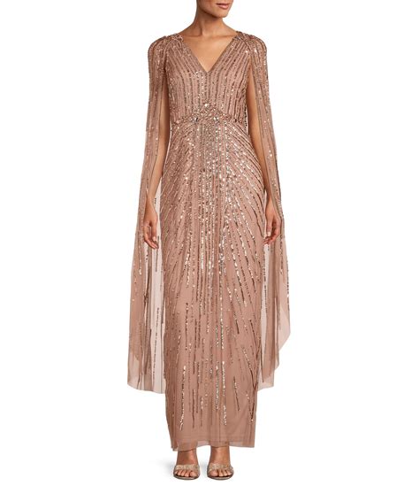 Adrianna Papell V Neck Beaded Sequined Cape Gown Dillard S