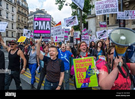 Paris France LGBT Groups Marching In Annual Gay Pride March Collective Oui Oui Oui