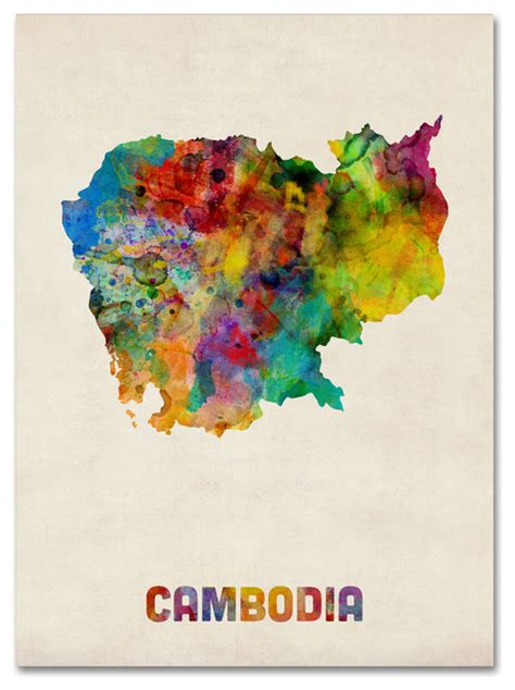 Cambodia Watercolor Map Canvas Art By Michael Tompsett 24 X32