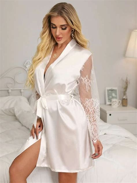 Contrast Lace Belted Satin Night Robe Shein Usa Night Robe Lace Fashion