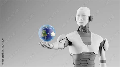 Humanoid Cyborg Robot Holding Globe Planet Earth Rotating Over His Palm