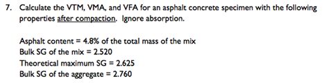 Solved Calculate The Vtm Vma And Vfa For An Asphalt