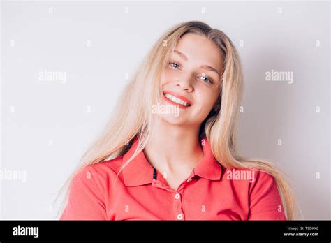 Woman Portrait Beautiful Smiling Blonde Girl With Blue Eyes And Red