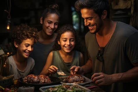 Humilde Familia Latina Comiendo Pollo Foto Premium