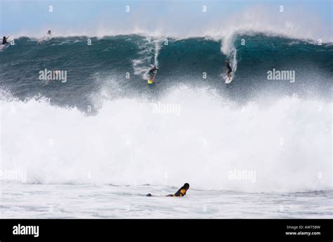 Surfing The Championship Pipeline At Waimea Beach On North Shore Oahu Island Hawaii Stock