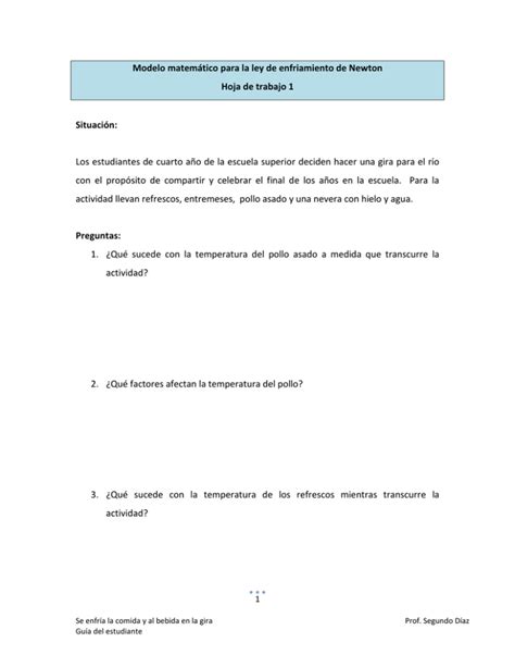 Modelo Matem Tico Para La Ley De Enfriamiento De Newton Hoja De