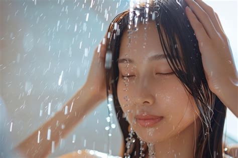 Premium Photo Asian Woman Face And Relax In Shower With Water For