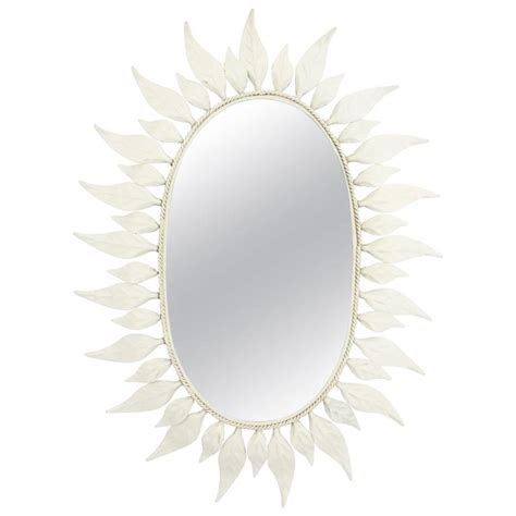 Oval Shaped Leafed White Painted Iron Sunburst Mirror For Sale At 1stdibs