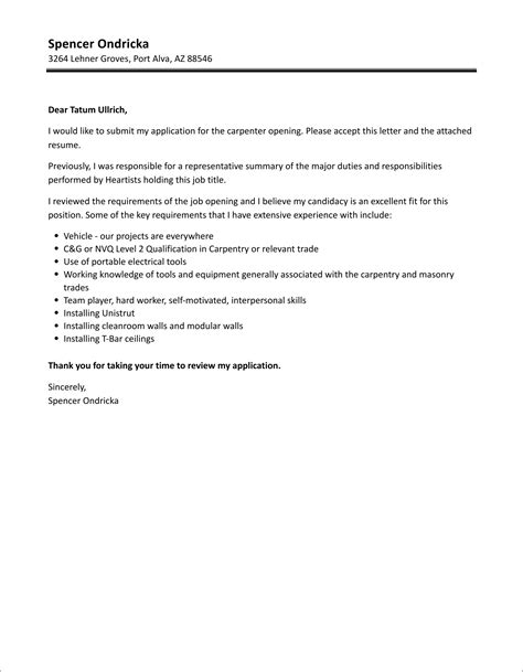 Free Printable Carpenter Cover Letter Template