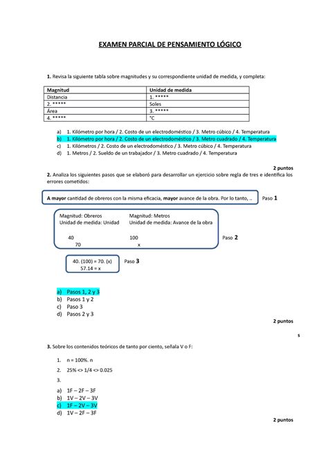 Examen Parcial 2 Unidad II pensamiento lógico EXAMEN PARCIAL DE