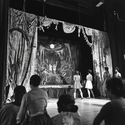 A High School Drama Club Rehearsing For A Play On A Stage With Costumes