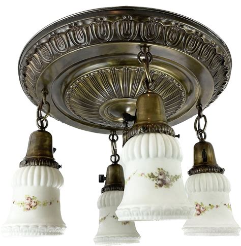 Historic Houseparts Inc Antique 4 Light Antique Brass Pan Ceiling Light Fixture With Hand