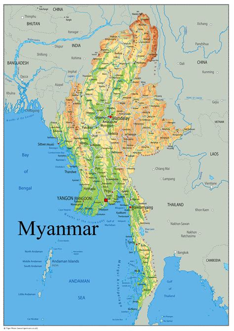 Physical Map Of Myanmar Oc Tiger Moon