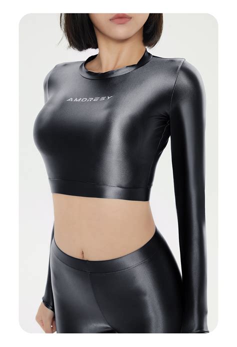 Amoresy Shiny Glossy Satin Spandex Silk Oily Luster Long Sleeve Exposed Belly Sun Protection