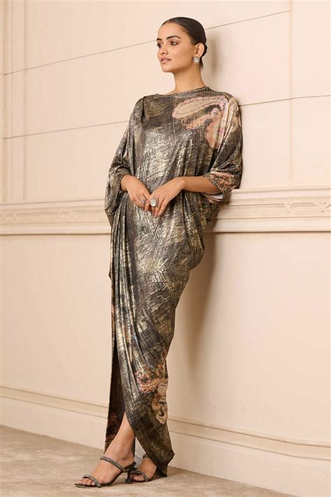 Buy Tarun Tahiliani Black Foil Jersey Paisley Print Draped Dress Online