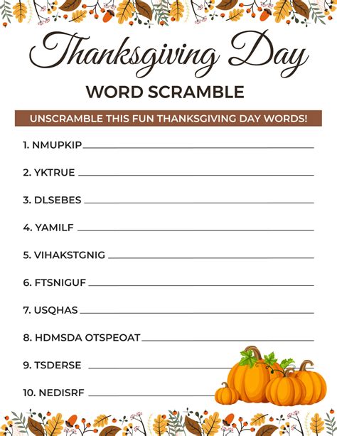 Free Printable Thanksgiving Word Scramble Pdf