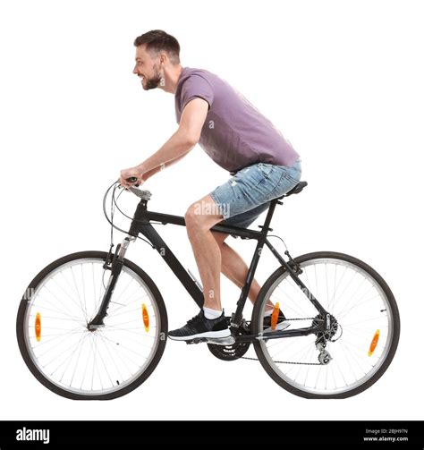 Handsome Young Man Riding Bicycle On White Background Stock Photo Alamy