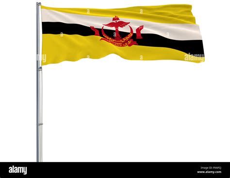 Isolate Flag Of Brunei On Flagpole Fluttering In Wind On White 3d