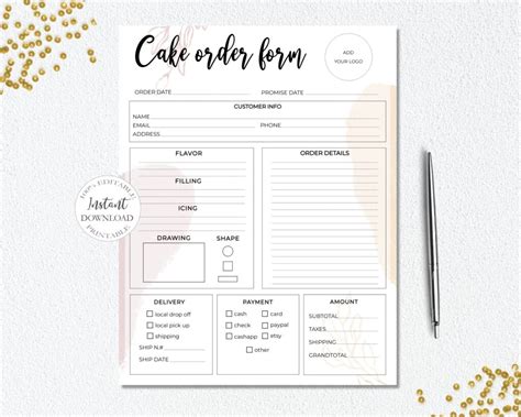 SunRayArt Designs Cake Order Form Editable Template Fillable Form 2024